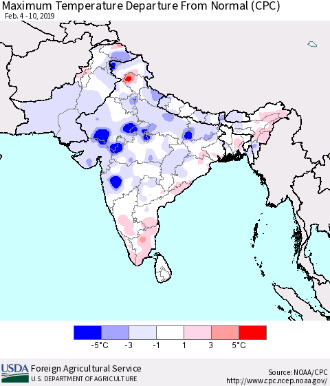 Southern Asia Mean Maximum Temperature Departure from Normal (CPC) Thematic Map For 2/4/2019 - 2/10/2019