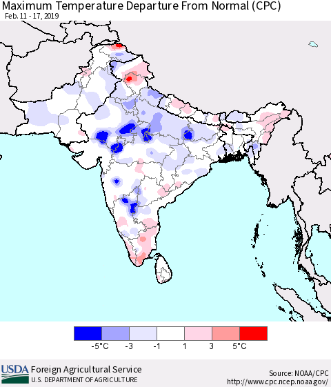 Southern Asia Mean Maximum Temperature Departure from Normal (CPC) Thematic Map For 2/11/2019 - 2/17/2019