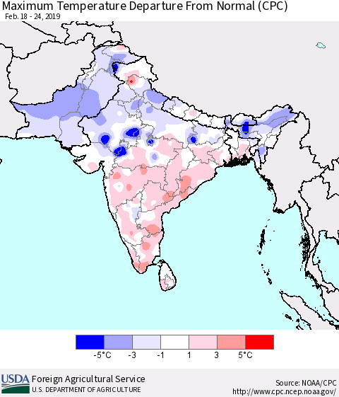 Southern Asia Mean Maximum Temperature Departure from Normal (CPC) Thematic Map For 2/18/2019 - 2/24/2019