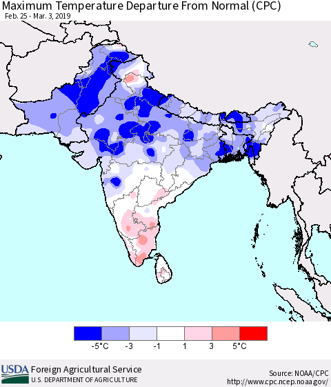 Southern Asia Mean Maximum Temperature Departure from Normal (CPC) Thematic Map For 2/25/2019 - 3/3/2019