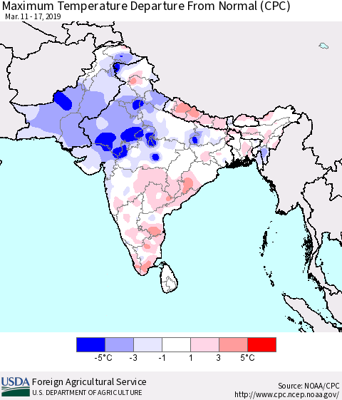 Southern Asia Mean Maximum Temperature Departure from Normal (CPC) Thematic Map For 3/11/2019 - 3/17/2019