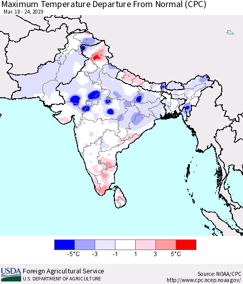 Southern Asia Mean Maximum Temperature Departure from Normal (CPC) Thematic Map For 3/18/2019 - 3/24/2019