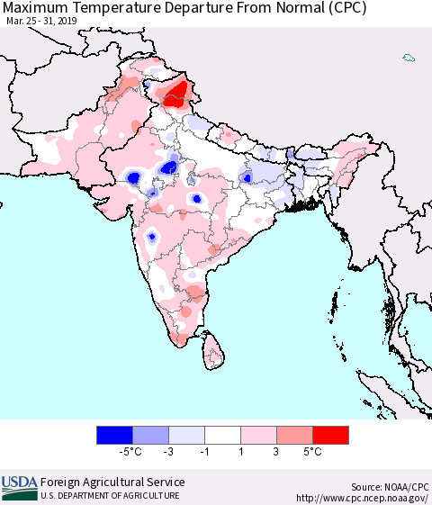 Southern Asia Mean Maximum Temperature Departure from Normal (CPC) Thematic Map For 3/25/2019 - 3/31/2019