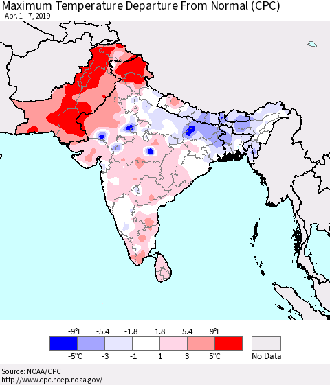 Southern Asia Mean Maximum Temperature Departure from Normal (CPC) Thematic Map For 4/1/2019 - 4/7/2019