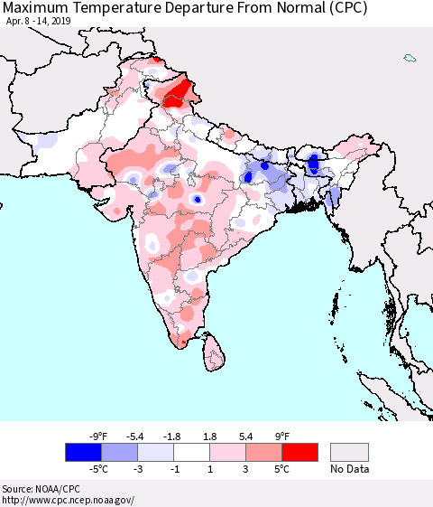 Southern Asia Mean Maximum Temperature Departure from Normal (CPC) Thematic Map For 4/8/2019 - 4/14/2019