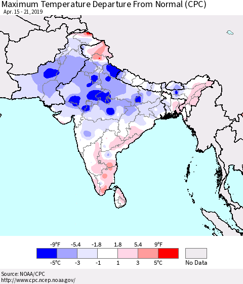 Southern Asia Mean Maximum Temperature Departure from Normal (CPC) Thematic Map For 4/15/2019 - 4/21/2019