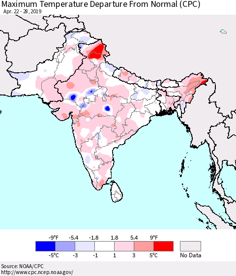 Southern Asia Mean Maximum Temperature Departure from Normal (CPC) Thematic Map For 4/22/2019 - 4/28/2019