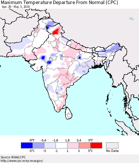 Southern Asia Mean Maximum Temperature Departure from Normal (CPC) Thematic Map For 4/29/2019 - 5/5/2019
