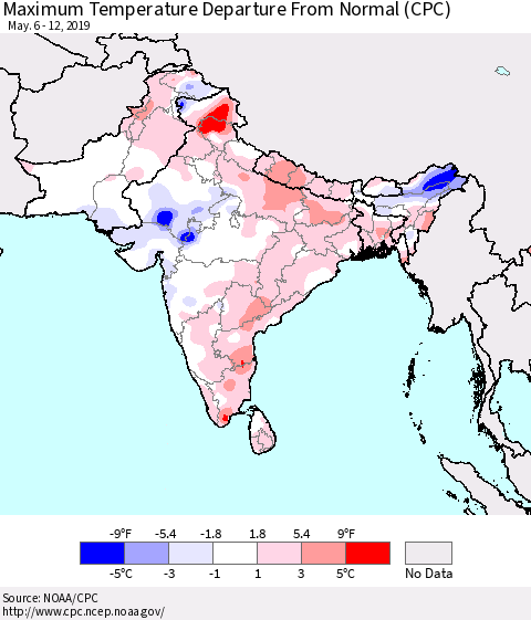Southern Asia Maximum Temperature Departure From Normal (CPC) Thematic Map For 5/6/2019 - 5/12/2019
