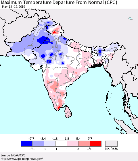 Southern Asia Maximum Temperature Departure From Normal (CPC) Thematic Map For 5/13/2019 - 5/19/2019