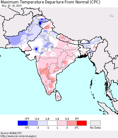 Southern Asia Maximum Temperature Departure From Normal (CPC) Thematic Map For 5/20/2019 - 5/26/2019