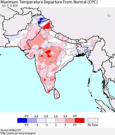 Southern Asia Maximum Temperature Departure From Normal (CPC) Thematic Map For 6/3/2019 - 6/9/2019
