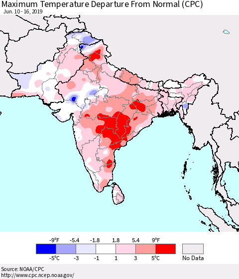 Southern Asia Maximum Temperature Departure From Normal (CPC) Thematic Map For 6/10/2019 - 6/16/2019