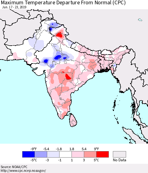 Southern Asia Maximum Temperature Departure From Normal (CPC) Thematic Map For 6/17/2019 - 6/23/2019
