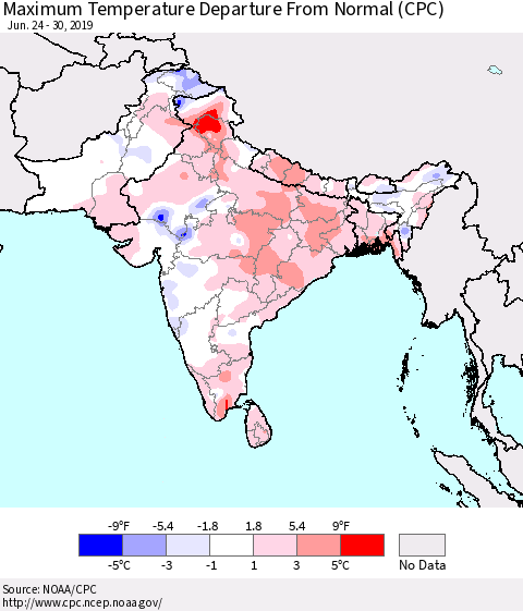 Southern Asia Maximum Temperature Departure From Normal (CPC) Thematic Map For 6/24/2019 - 6/30/2019