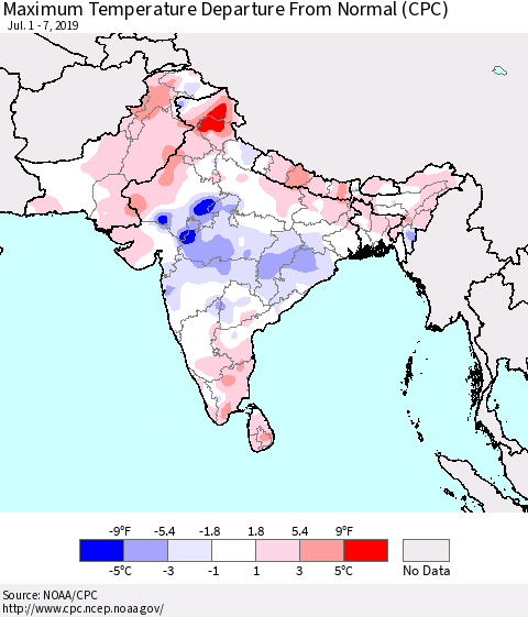 Southern Asia Maximum Temperature Departure From Normal (CPC) Thematic Map For 7/1/2019 - 7/7/2019