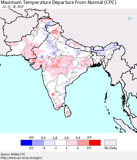 Southern Asia Maximum Temperature Departure From Normal (CPC) Thematic Map For 7/22/2019 - 7/28/2019
