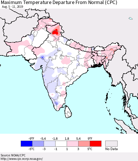 Southern Asia Maximum Temperature Departure From Normal (CPC) Thematic Map For 8/5/2019 - 8/11/2019