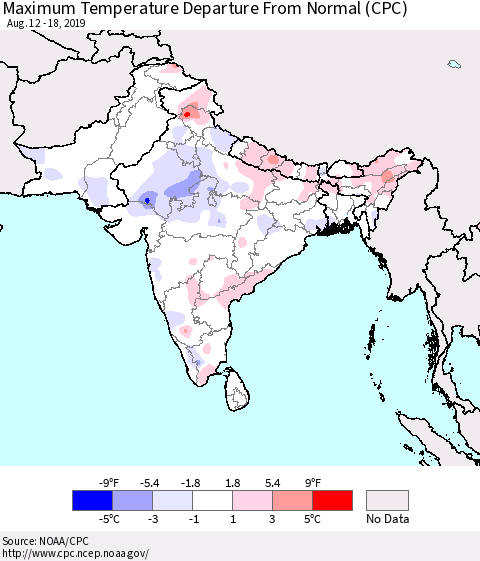 Southern Asia Maximum Temperature Departure From Normal (CPC) Thematic Map For 8/12/2019 - 8/18/2019