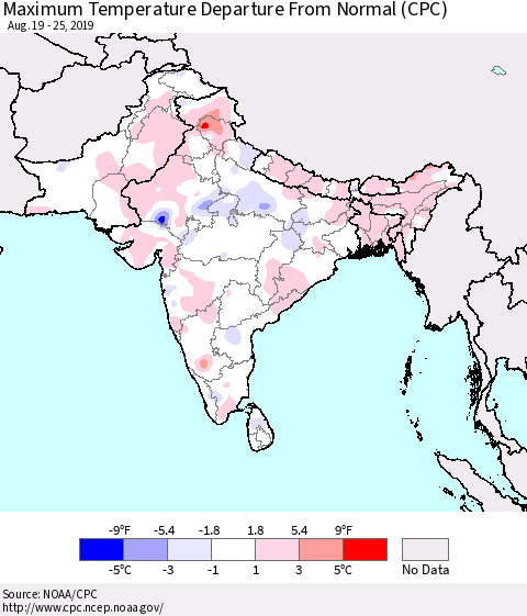 Southern Asia Maximum Temperature Departure From Normal (CPC) Thematic Map For 8/19/2019 - 8/25/2019