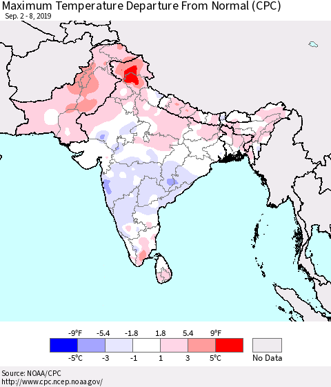 Southern Asia Maximum Temperature Departure From Normal (CPC) Thematic Map For 9/2/2019 - 9/8/2019