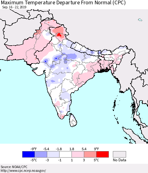 Southern Asia Maximum Temperature Departure From Normal (CPC) Thematic Map For 9/16/2019 - 9/22/2019