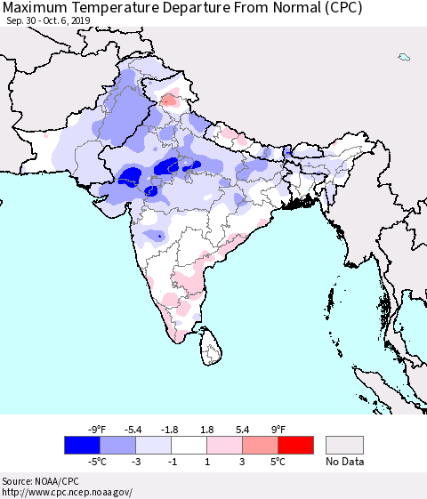 Southern Asia Maximum Temperature Departure From Normal (CPC) Thematic Map For 9/30/2019 - 10/6/2019