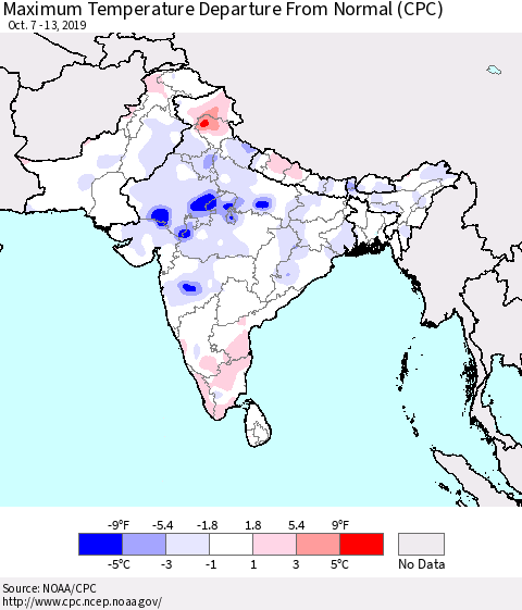 Southern Asia Mean Maximum Temperature Departure from Normal (CPC) Thematic Map For 10/7/2019 - 10/13/2019