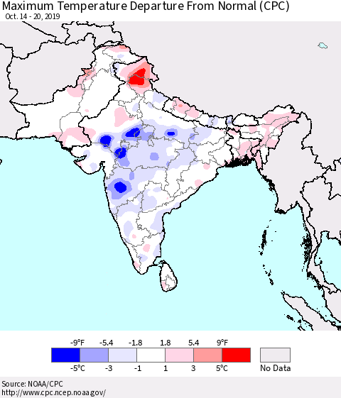 Southern Asia Mean Maximum Temperature Departure from Normal (CPC) Thematic Map For 10/14/2019 - 10/20/2019