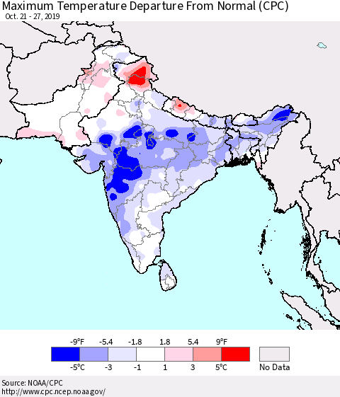 Southern Asia Mean Maximum Temperature Departure from Normal (CPC) Thematic Map For 10/21/2019 - 10/27/2019