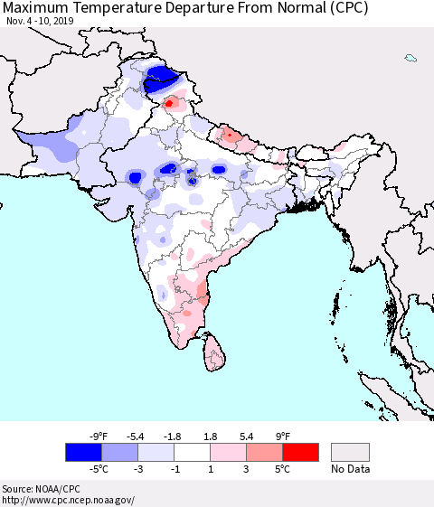 Southern Asia Mean Maximum Temperature Departure from Normal (CPC) Thematic Map For 11/4/2019 - 11/10/2019