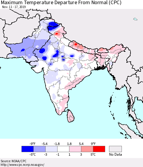 Southern Asia Maximum Temperature Departure From Normal (CPC) Thematic Map For 11/11/2019 - 11/17/2019
