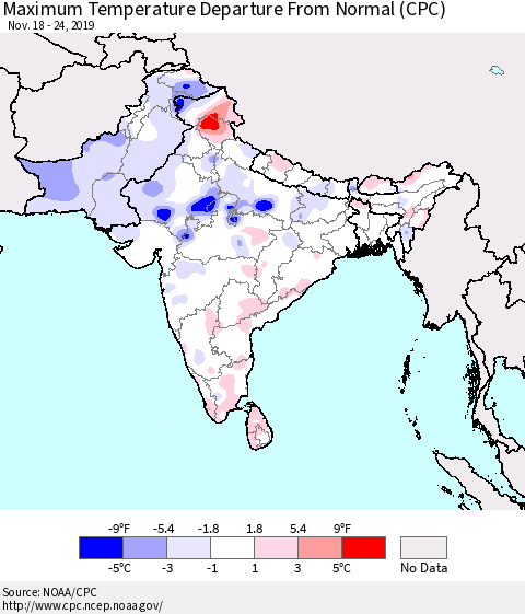 Southern Asia Maximum Temperature Departure From Normal (CPC) Thematic Map For 11/18/2019 - 11/24/2019