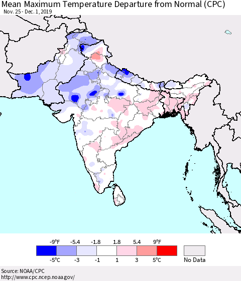 Southern Asia Mean Maximum Temperature Departure from Normal (CPC) Thematic Map For 11/25/2019 - 12/1/2019