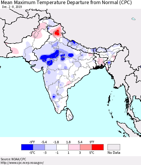 Southern Asia Mean Maximum Temperature Departure from Normal (CPC) Thematic Map For 12/2/2019 - 12/8/2019