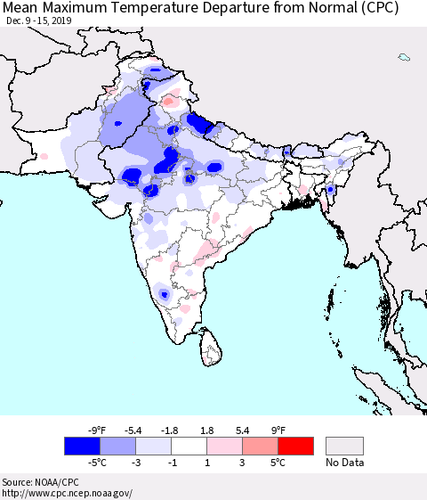 Southern Asia Mean Maximum Temperature Departure from Normal (CPC) Thematic Map For 12/9/2019 - 12/15/2019
