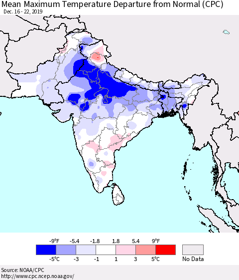 Southern Asia Mean Maximum Temperature Departure from Normal (CPC) Thematic Map For 12/16/2019 - 12/22/2019