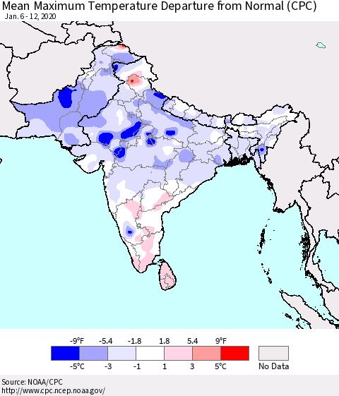 Southern Asia Mean Maximum Temperature Departure from Normal (CPC) Thematic Map For 1/6/2020 - 1/12/2020