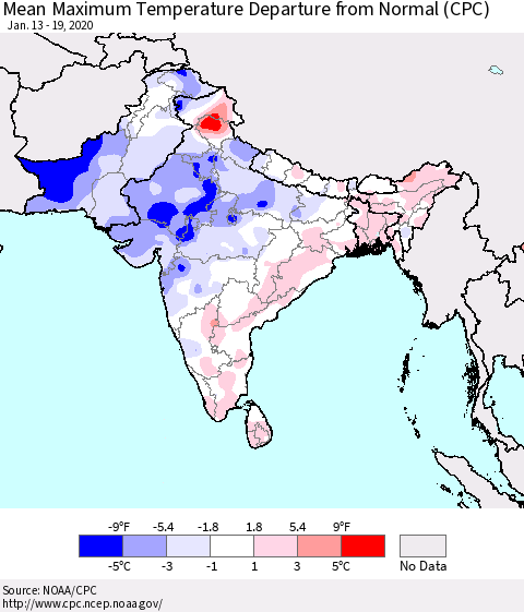 Southern Asia Mean Maximum Temperature Departure from Normal (CPC) Thematic Map For 1/13/2020 - 1/19/2020