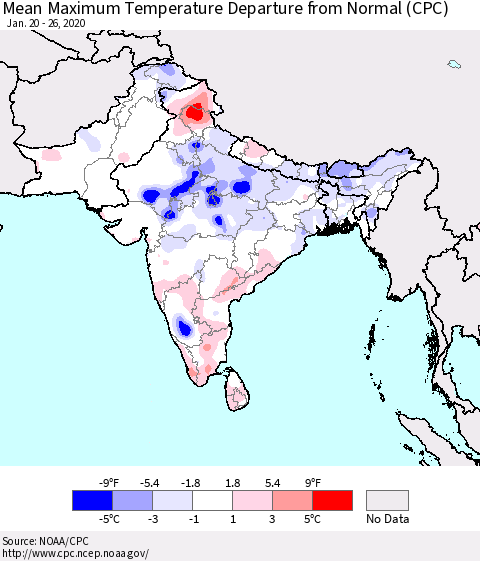 Southern Asia Mean Maximum Temperature Departure from Normal (CPC) Thematic Map For 1/20/2020 - 1/26/2020