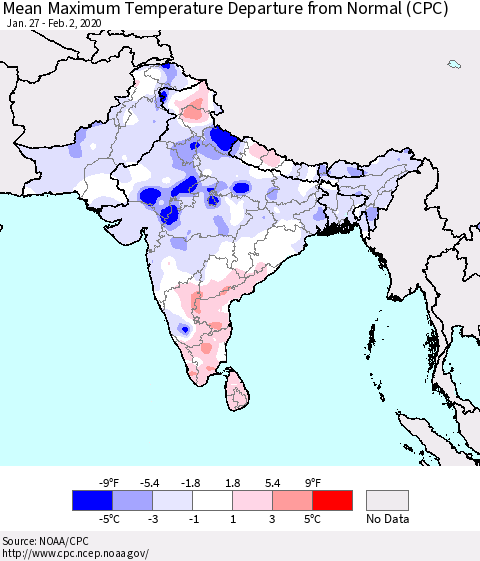 Southern Asia Maximum Temperature Departure From Normal (CPC) Thematic Map For 1/27/2020 - 2/2/2020
