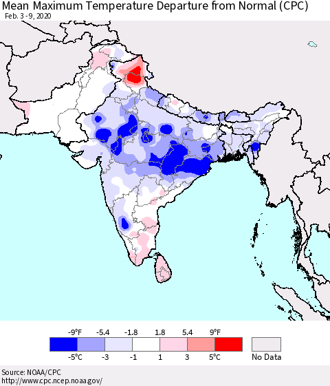 Southern Asia Mean Maximum Temperature Departure from Normal (CPC) Thematic Map For 2/3/2020 - 2/9/2020