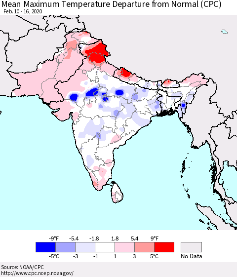Southern Asia Maximum Temperature Departure From Normal (CPC) Thematic Map For 2/10/2020 - 2/16/2020