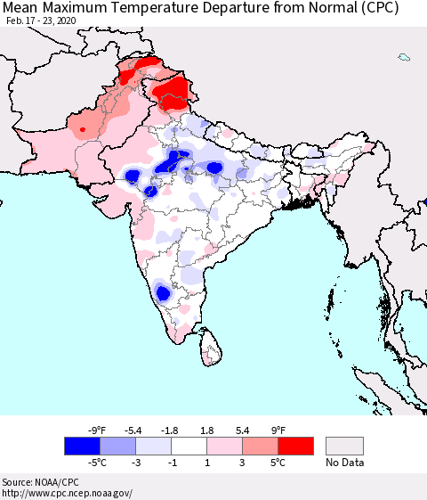Southern Asia Maximum Temperature Departure From Normal (CPC) Thematic Map For 2/17/2020 - 2/23/2020