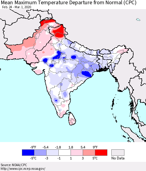 Southern Asia Maximum Temperature Departure From Normal (CPC) Thematic Map For 2/24/2020 - 3/1/2020