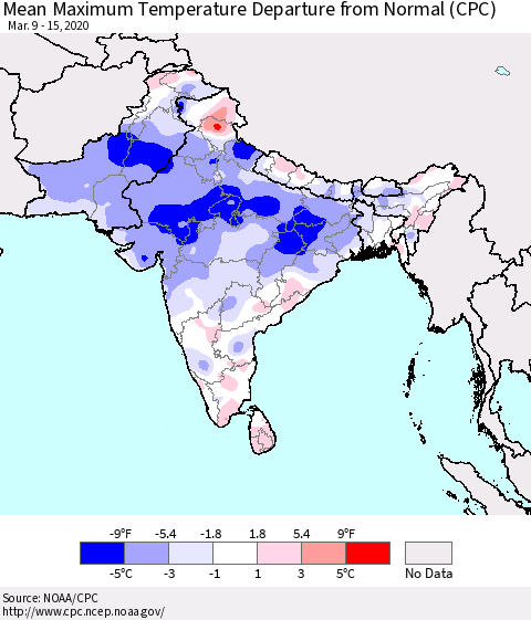 Southern Asia Maximum Temperature Departure From Normal (CPC) Thematic Map For 3/9/2020 - 3/15/2020