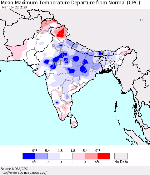 Southern Asia Maximum Temperature Departure From Normal (CPC) Thematic Map For 3/16/2020 - 3/22/2020