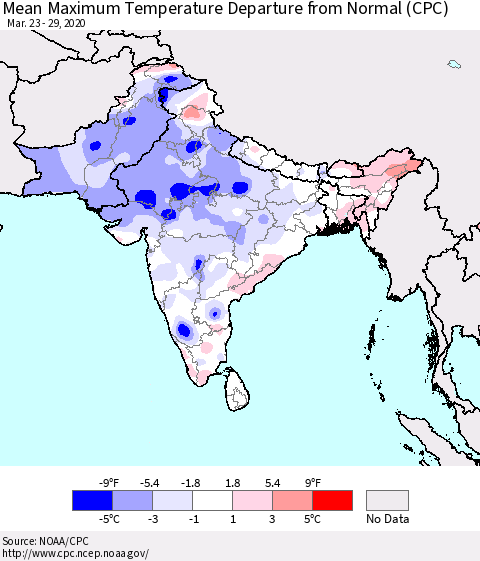 Southern Asia Mean Maximum Temperature Departure from Normal (CPC) Thematic Map For 3/23/2020 - 3/29/2020