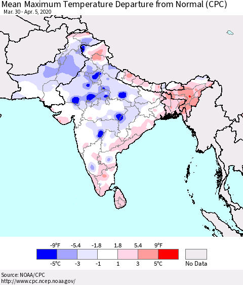 Southern Asia Mean Maximum Temperature Departure from Normal (CPC) Thematic Map For 3/30/2020 - 4/5/2020