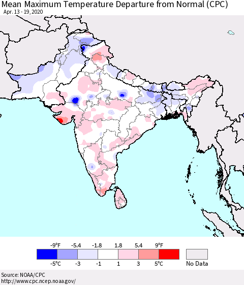 Southern Asia Mean Maximum Temperature Departure from Normal (CPC) Thematic Map For 4/13/2020 - 4/19/2020